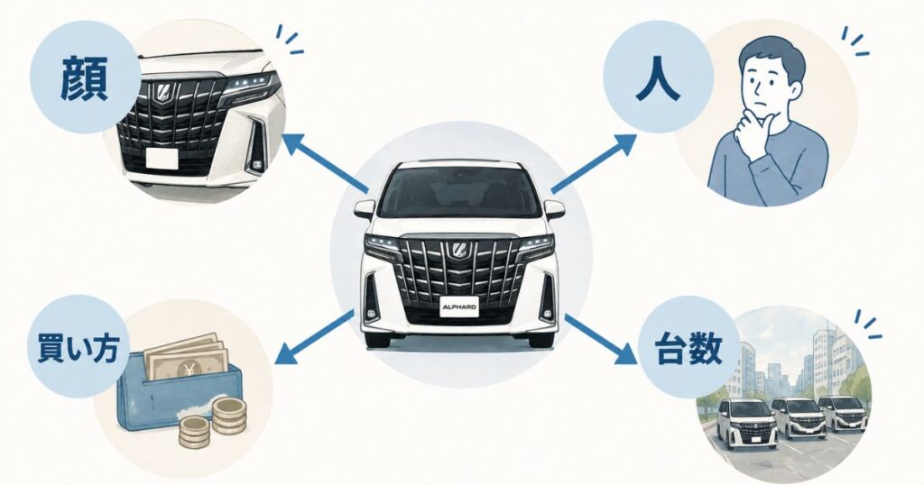 アルファードがダサいと言われる理由を顔と人と買い方と台数の4つに分けた図